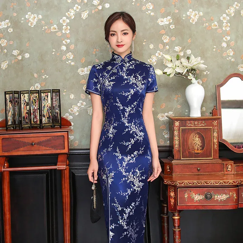 Dress Navy BlueChinese Traditional Dress Women's Silk Satin Cheongsam Qipao Summer Short Sleeve Long Dress Flower S M L XL XXL 3XL 4XL