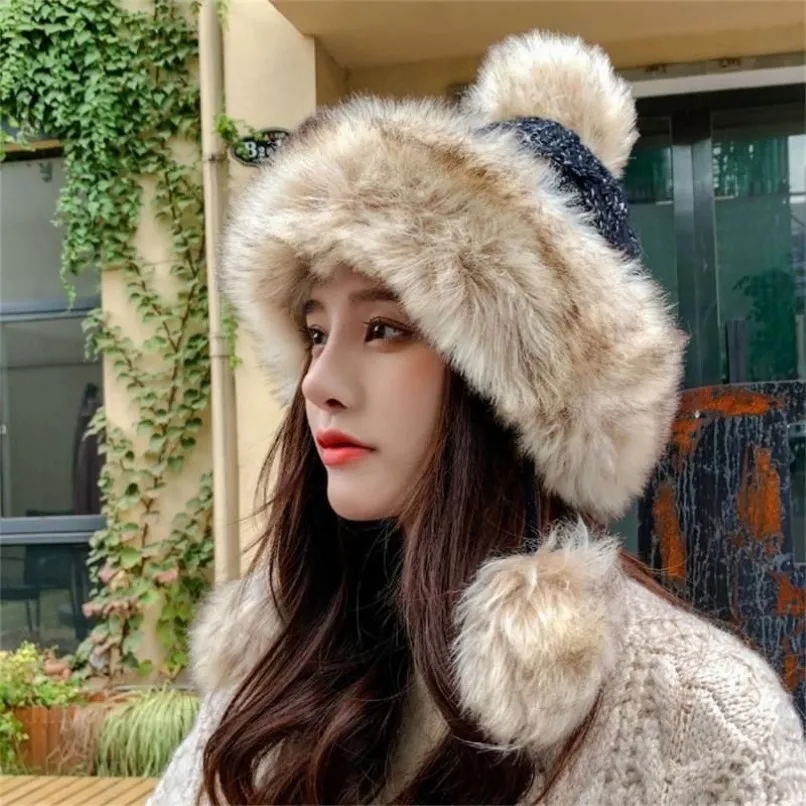 Beanie Skull Caps Fashion Knitted Fur Hat Russian Winter Women Cap With Two Pompoms Hats Warm Fluffy Stylish Female Tail Beanie3483