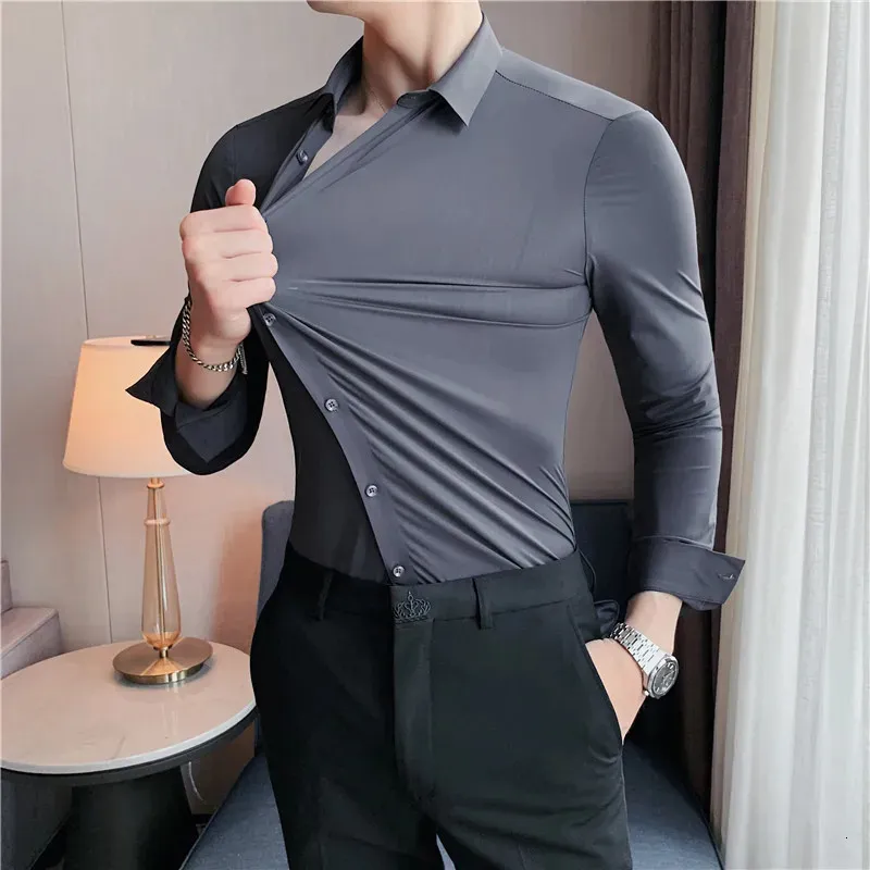 Plus storlek 4xl-m hög elasticitet sömlösa skjortor män långärmad toppkvalitet smal slapplig lyxskjorta social formell klänningskjortor 230226