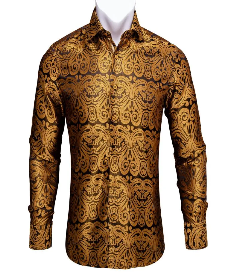 Barrywang Gold Paisley Bright Silk Shirts Men Autumn Long Sleeve Casual Flower Shirts For Men Designer Fit Dress Shirts BCY036848840