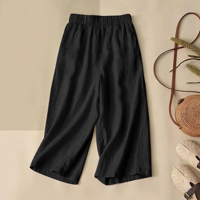 Capris Summer Women's Popular Cotton Linen Thin Solid Linen Casual Fashion Home Size Large Slim Elastic Loose Crop Wide Leg Pants