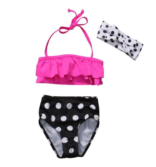 Summer Kids Girls Pink Rruffles Swimsuit Dot badkläder med pannband Barn delade baddräkter flickor bikinis barn strandbutik7419064