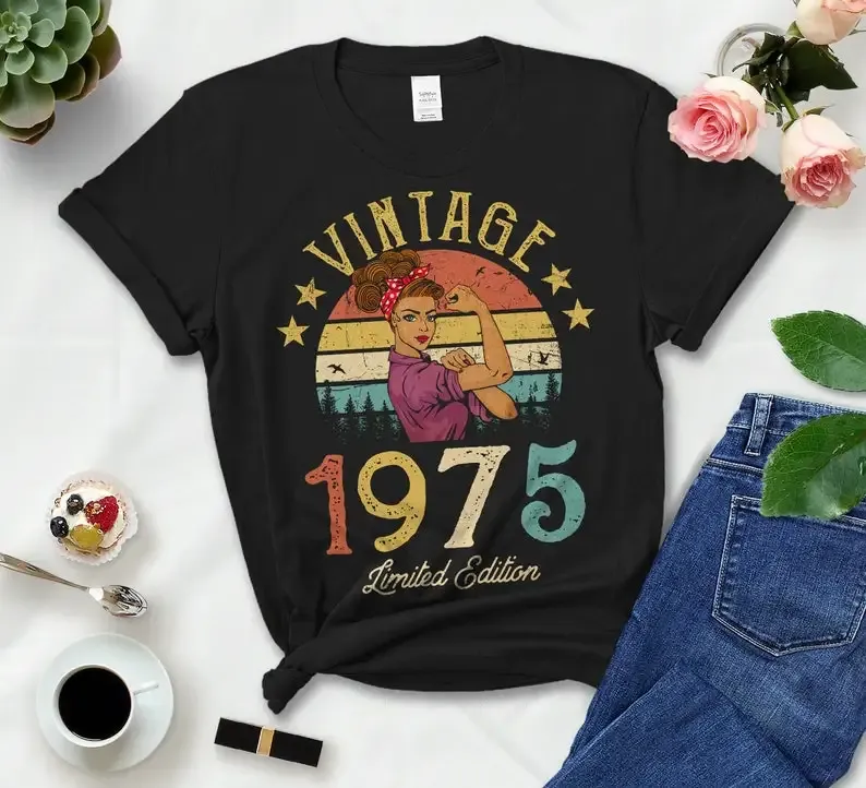 Camiseta vintage 1975 edição limitada clássica feminina camiseta engraçado retro 47th ideia de presente de aniversário para avó mãe esposa menina filha camisa