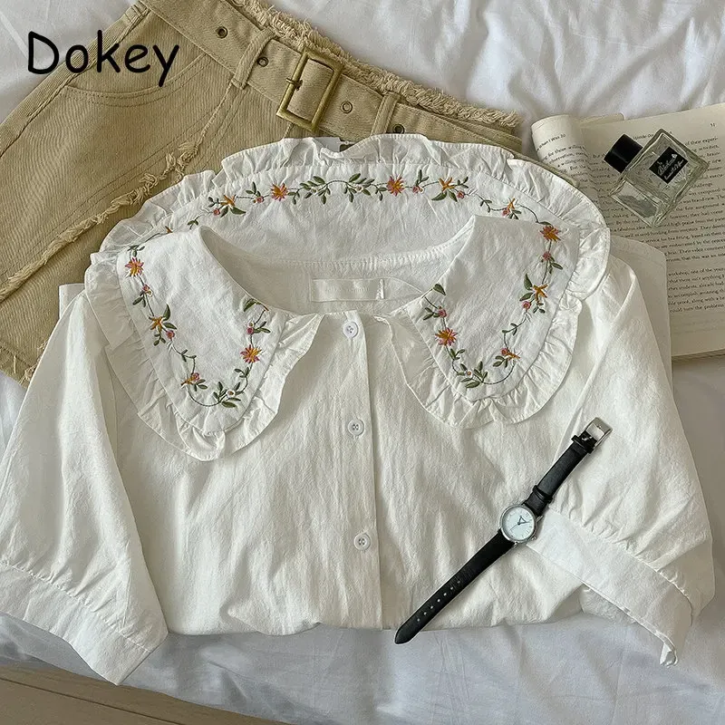 Рубашка винтажная вышивка рубашки Лолита женские летние японские воротник Питер Пэн хлопок льняная блузка женский повседневный свободный топ с короткими рукавами