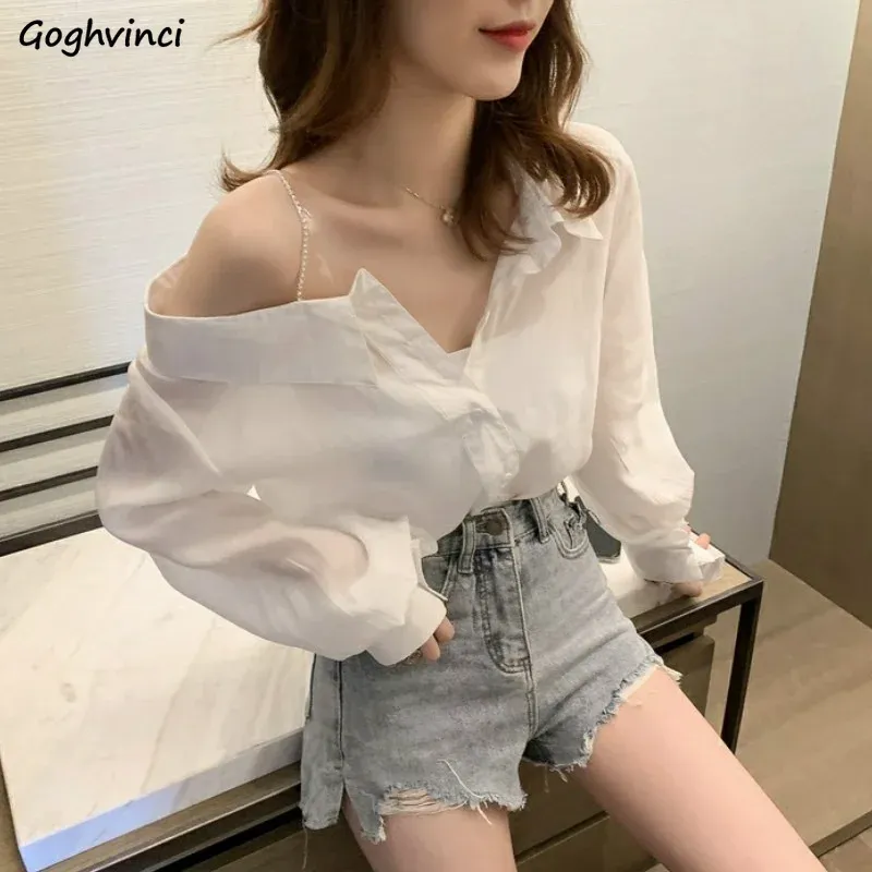 Shirt Shirts Women Solid Skew Collar Off Shoulder Stylish Sexy Lady Elegant Chic Daily Hot Sale Long Sleeve Loose Blusas Top New Mujer