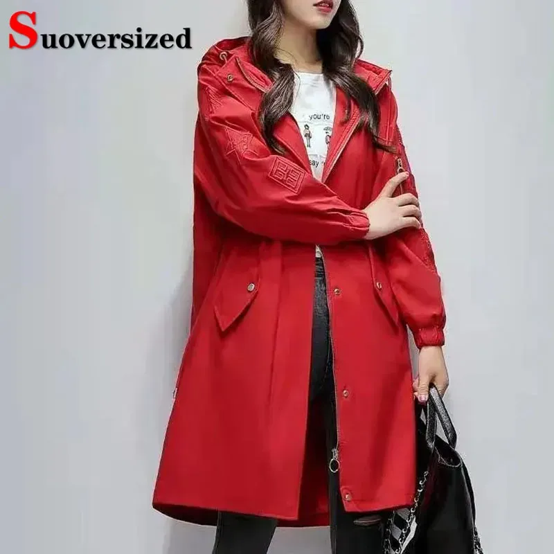 Graben Casual Lose Mit Kapuze Graben Jacke Kordelzug Frauen Windjacke Koreanische Mode Große Größe 7xl Gabardina Frühling Streetwear Mäntel