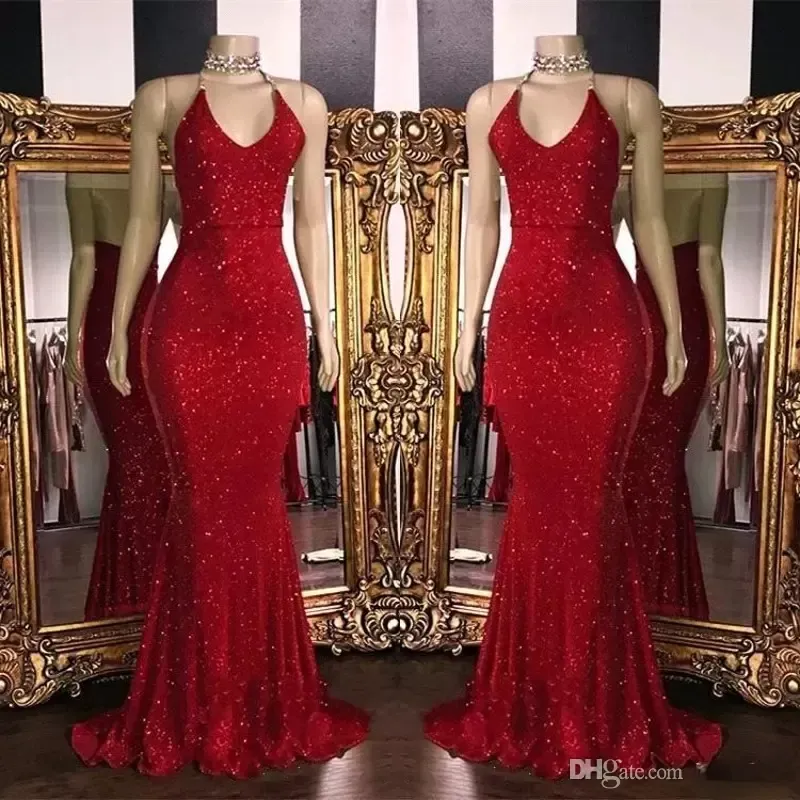 Sparkly Red Sequins Dresses Halter Mermaid Long Prom Gowns Low Back Arabic Party Dress Bc1085