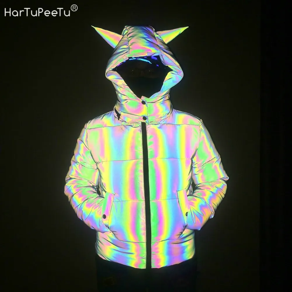 Parkas kvinnor reflekterande regnbågsjacka Vintersäkerhet Varm färgglada kappa avtagbar enhörning huva dragkedja fickrock style streetwear