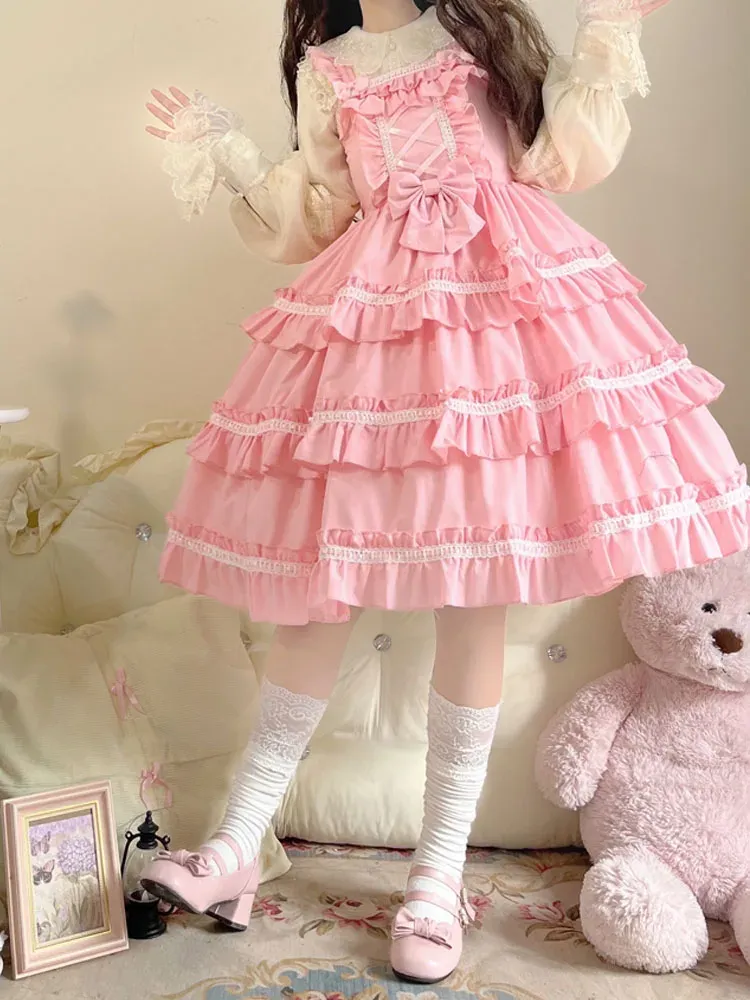 Dress KIMOKOKM Kawaii Sweet Lolita Style ALine Square Collar JSK Ruffles Cupcake Dress Bow Sleeveless Lace Girly Camisole Dresses
