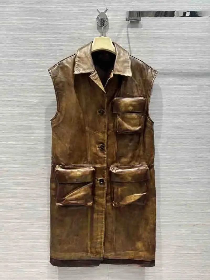 Gilet en cuir de Style urbain pour femmes, vêtements de travail à la mode et de style occidental avec de grandes poches, veste Vintage en peau d'agneau vieilli