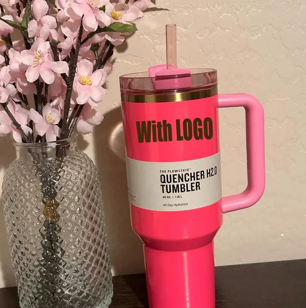 Pink Parade 1: 1 Logo Black Chroma US Stock Holiday Flamingo Rostfritt stål med lock, halm H2.0 Cosmo Pink Tumbler Mugs Valentine's Day Present Målvattenflaskor