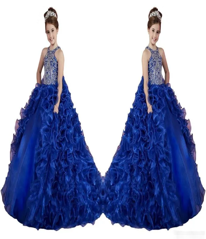 Luxo azul real meninas pageant vestidos babados contas de cristal princesa dança vestidos de baile crianças festa para casamento flor menina 1927964