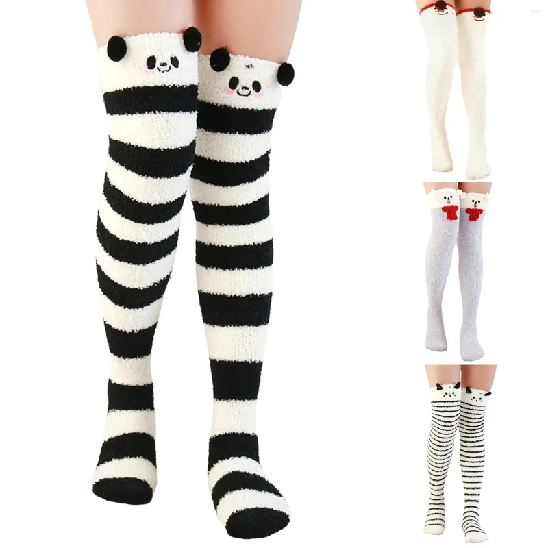 Chaussettes chaudes en molleton de corail pour femmes, au dessus du genou, en peluche, Lolita, pour dormir à la maison, longues, Jk Panda, cuisses amusantes, 2024