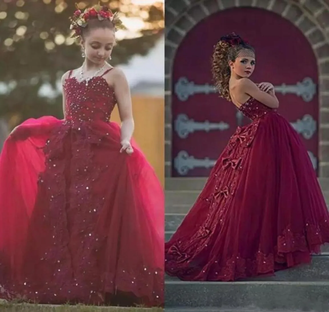 Abiti da spettacolo per ragazze con perline di cristalli bordeaux Cinghie per spaghetti Tulle Abiti da prima comunione per bambini formali lunghi Appliqued in pizzo8398204