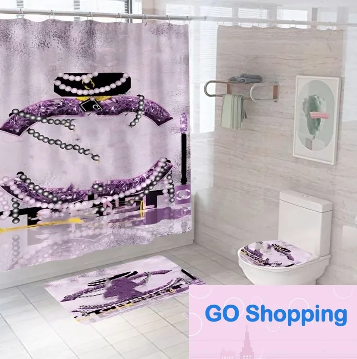 Ensemble de rideau de douche de salle de bain de luxe, ensemble de 4 pièces, couverture de tapis de sol imprimée étanche, housse de siège de toilette, décoration de maison