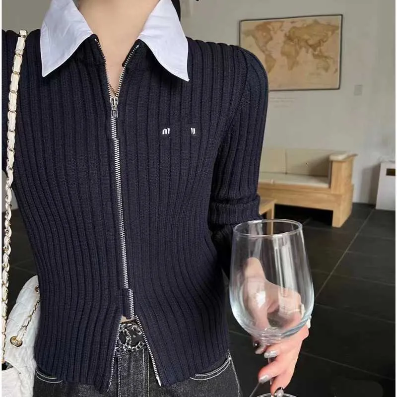designer MIU family knitted zipper lapel long-sleeved thin cardigan women's sweet aging jacket early spring coat NIIU