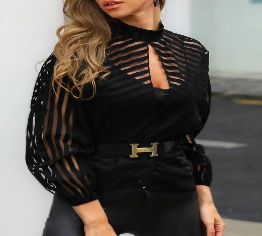 2019 frauen Streifen Keyhole Front Mesh Bluse Büro Dame Mock Neck Langarm Bluse Casual Arbeitskleidung Tops Blusa De Mujer3844312