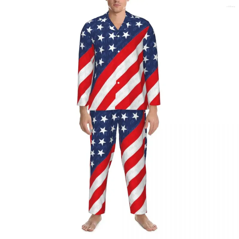 Vêtements de nuit pour hommes USA Flag Pyjama Ensembles Printemps 4 juillet Jour de l'Indépendance Romantique Quotidien Mâle 2 Pièces Surdimensionné Graphique Vêtements De Nuit