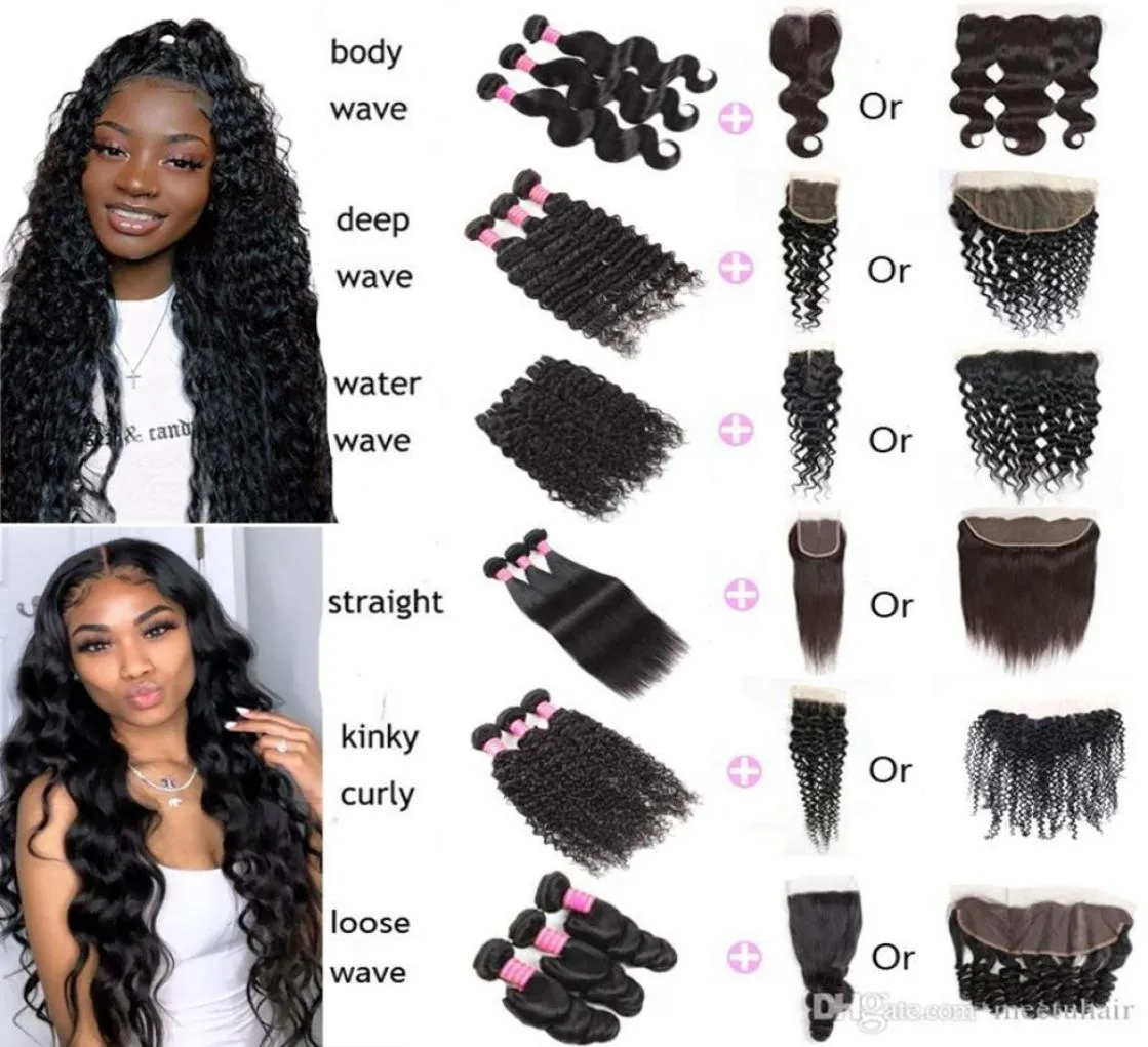 Meetu Body Straight Water Looke Deep Extensions Natural Color Kinky Curly Human Hair Bundly with Lace Prontal Closure 44 13x4 FO457151