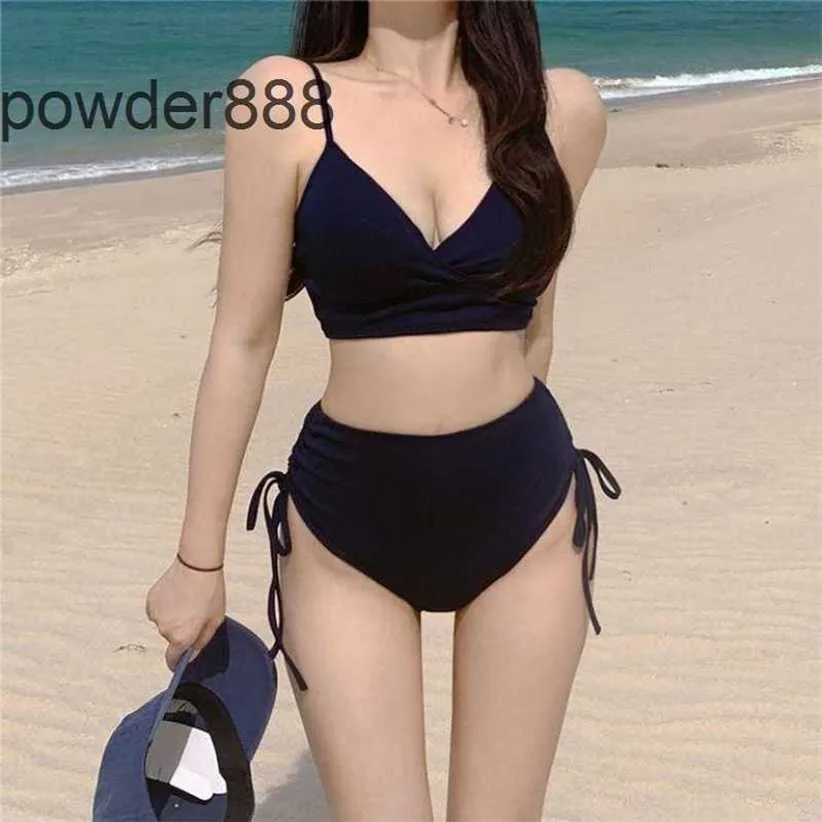 2024 New Special Offer Womens Tennis Deep v High Waist Drawstring Bikini Small Chest Sports Solid Simple Swimwear with Pads