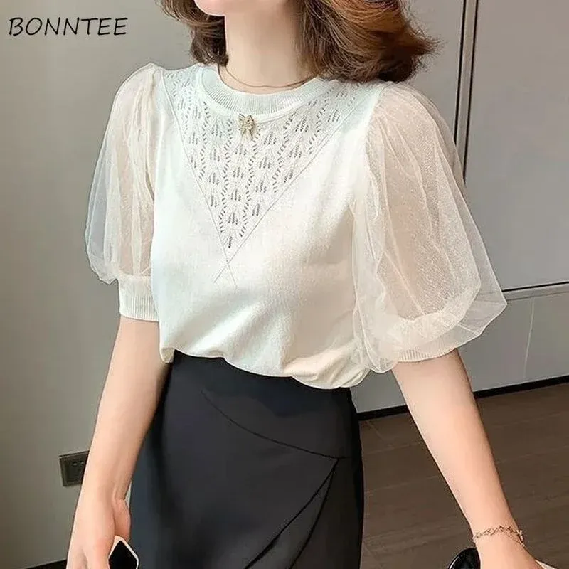 BLouse Bluses Women Hook Flower Hollow Solid Loose Korean Style Daily AllMatch Summer Breattable Fashion Office Lady Elegant Kvinna