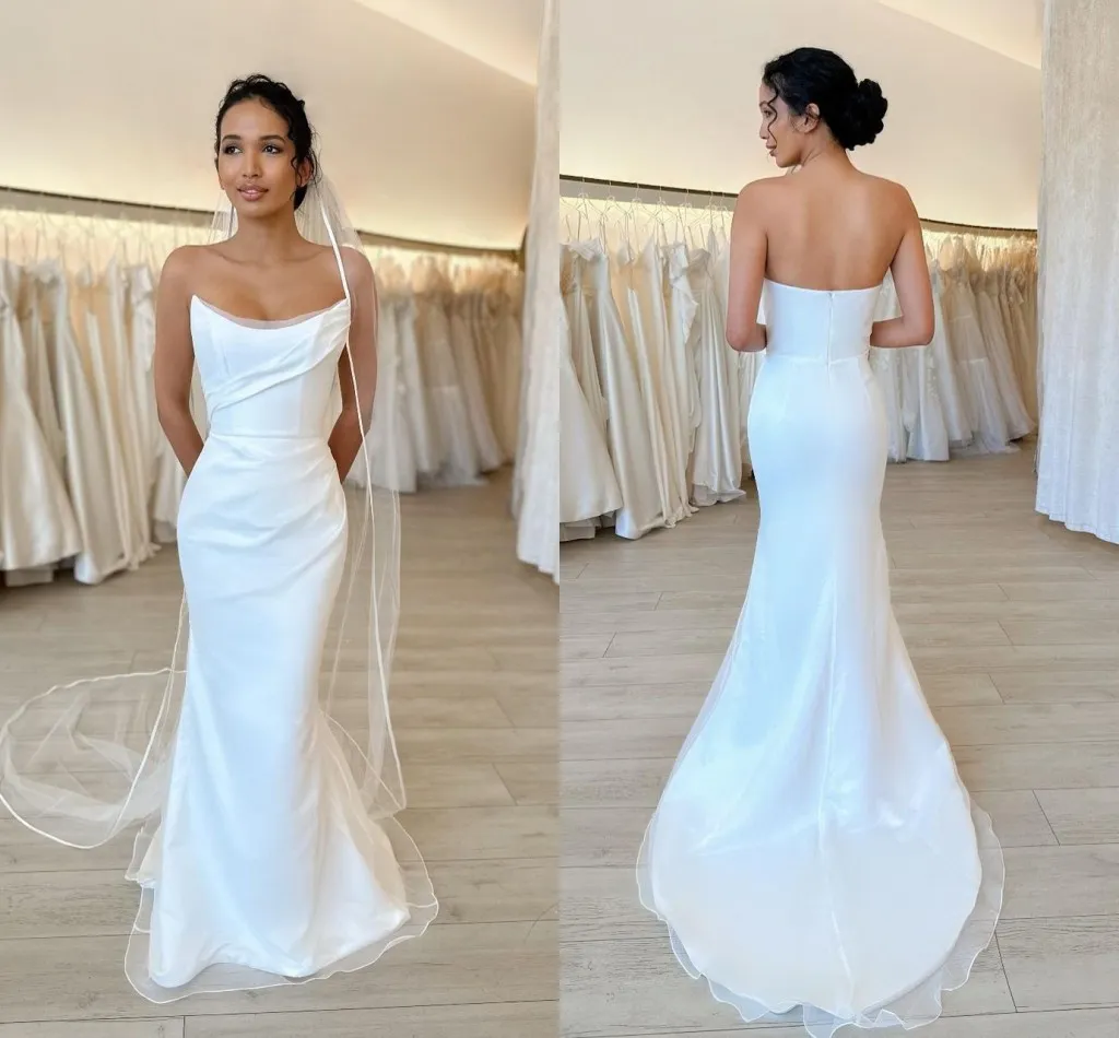 Simple Plus Size Mermaid Wedding Dresses for Bride Black Women Strapless Backless Satin Sweep Train Bridal Gowns Second Reception Dress Vestidos De Noiva Custom