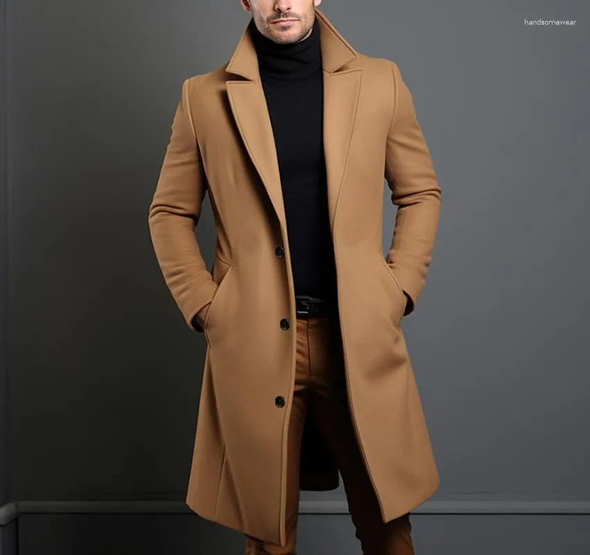 Herr ull iTutumn Winter Long Warm Trench Coat för män Solid Color Single Breasted Luxury Blends-Overcoat Topps Rockar Kläder