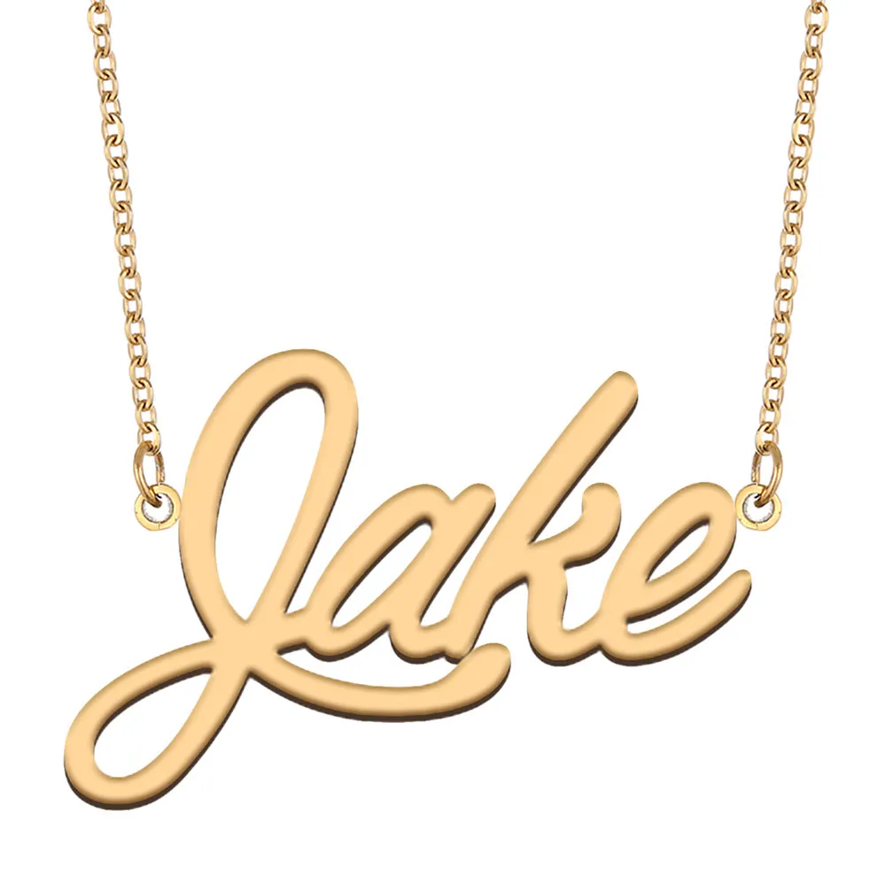 Collana con nome Jake, ciondolo per donne, ragazze, regalo di compleanno, targhetta personalizzata per bambini, migliori amici, gioielli, acciaio inossidabile placcato oro 18 carati