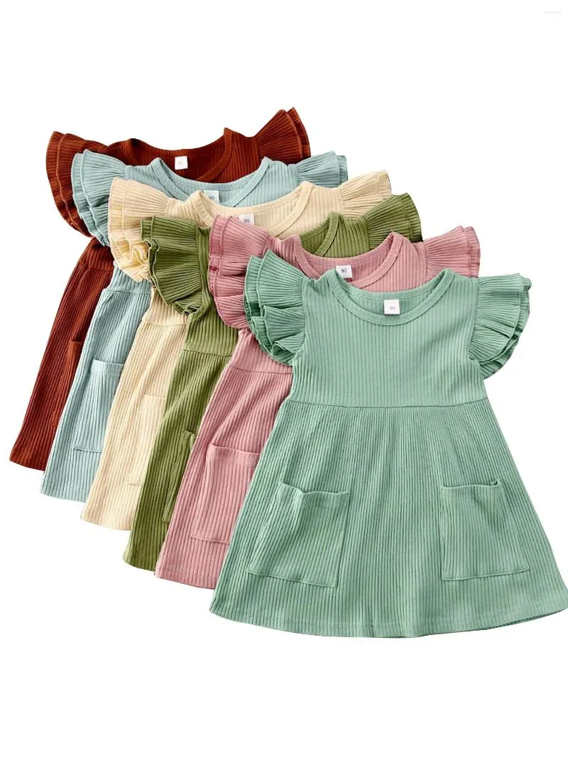 Robes de fille 1-4Y enfant bébé filles robe mignonne solide volants manches poche genou longueur a-ligne