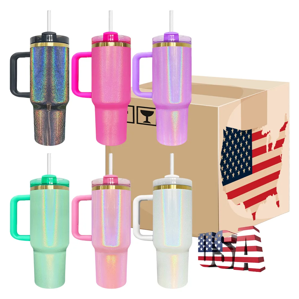 USA warehouse blank sublimation gloss mirror shimmer glitter H2.0 40oz gold plated tumbler cups with handle for custom personalized design