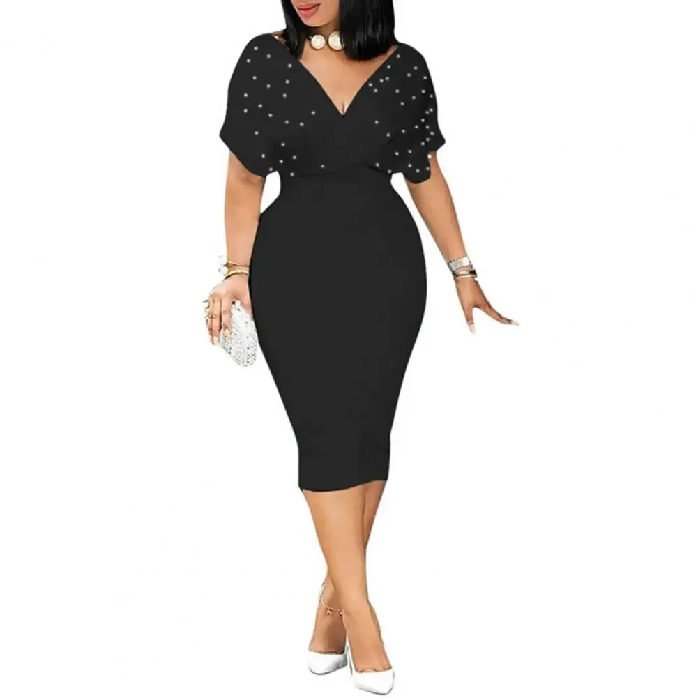 Robe d'été Sexy col en V tunique taille haute perles manches courtes dames rouge blanc moulante grande taille fête Club robe mi-longue 240229