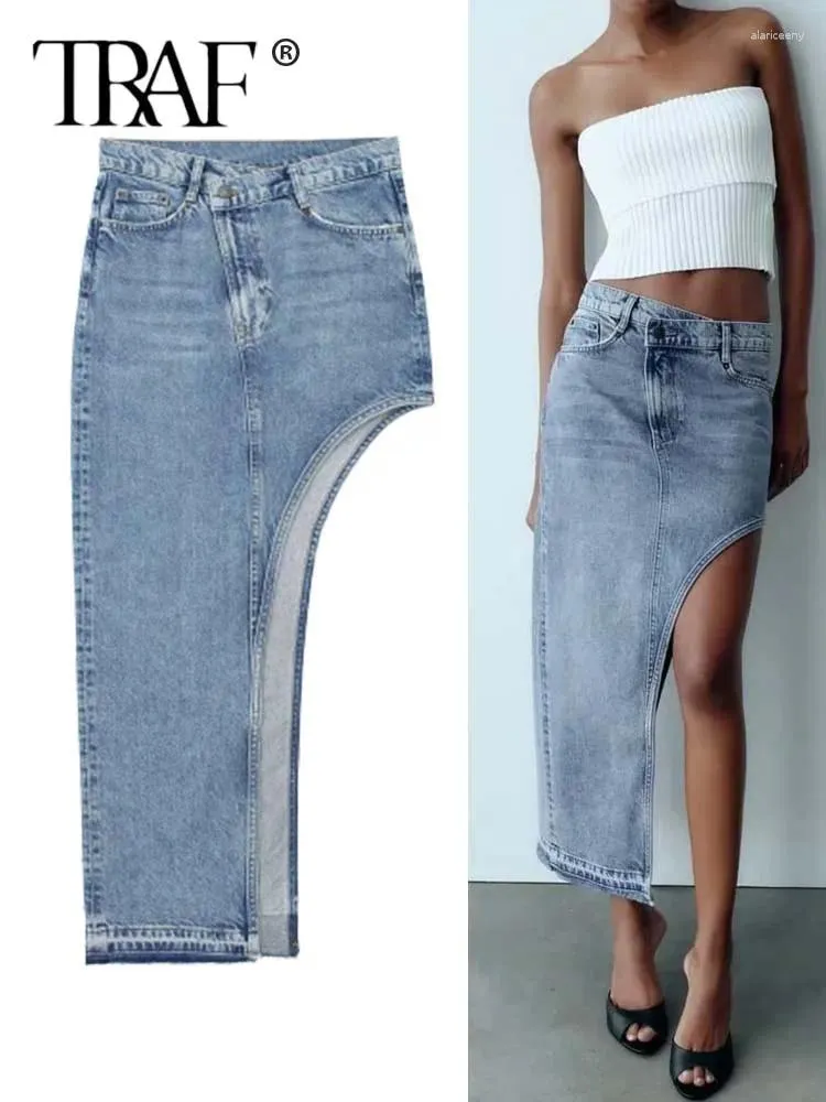 Юбки TRAF 2024, асимметричная джинсовая юбка, женская синяя джинсовая юбка-миди Y2k, уличная одежда, длинные женские модные летние вырезы