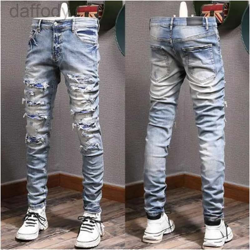 Men's Jeans Designer Patches Detail Biker Fit Mens Men Slim Motorcycle For Fashion Vintage Distressed Denim Jean Pants 240305