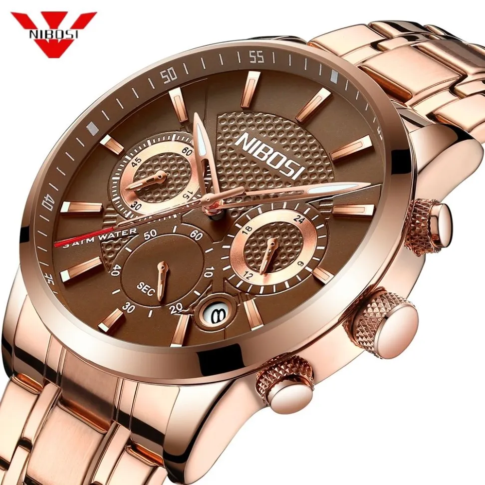 Nibosi relogio masculino relógios masculinos marca superior de luxo rosa aço quartzo relógio casual esporte cronógrafo relógio pulso saat246l