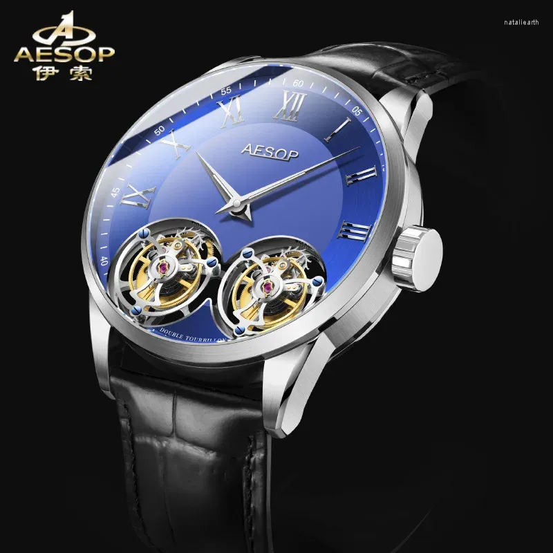 Orologi da polso AESOP Doppio Tourbillon Orologio meccanico da uomo Manuale Acciaio inossidabile Luminoso Zaffiro Uomo Pelle d'affari Reloj Hombre