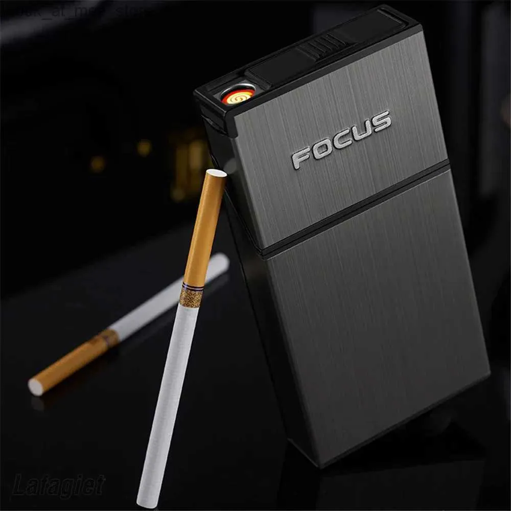 Briquets Longue boîte à cigares USB lumière de charge 20 pièces capacité boîte à cigares en métal porte-tabac fil remplaçable lumière coupe-vent Q240305