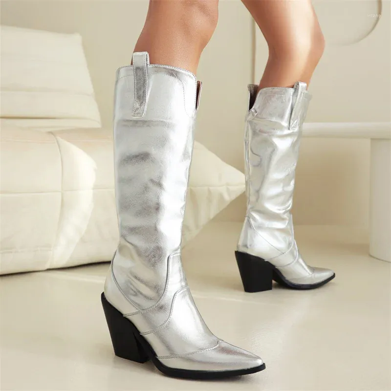 Sier Zwarte Knie Hoge Lange Laarzen Vrouwen 358 Cowboy Puntschoen Wiggen Hak Party Winter Schoenen Dames Grote Maat 46 427