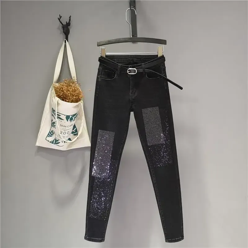 Jeans damer heta strass smal tunna nio byxor kvinnor 2021 ny mode hög midja jeans penna byxor mamma jeans vintage streetwear