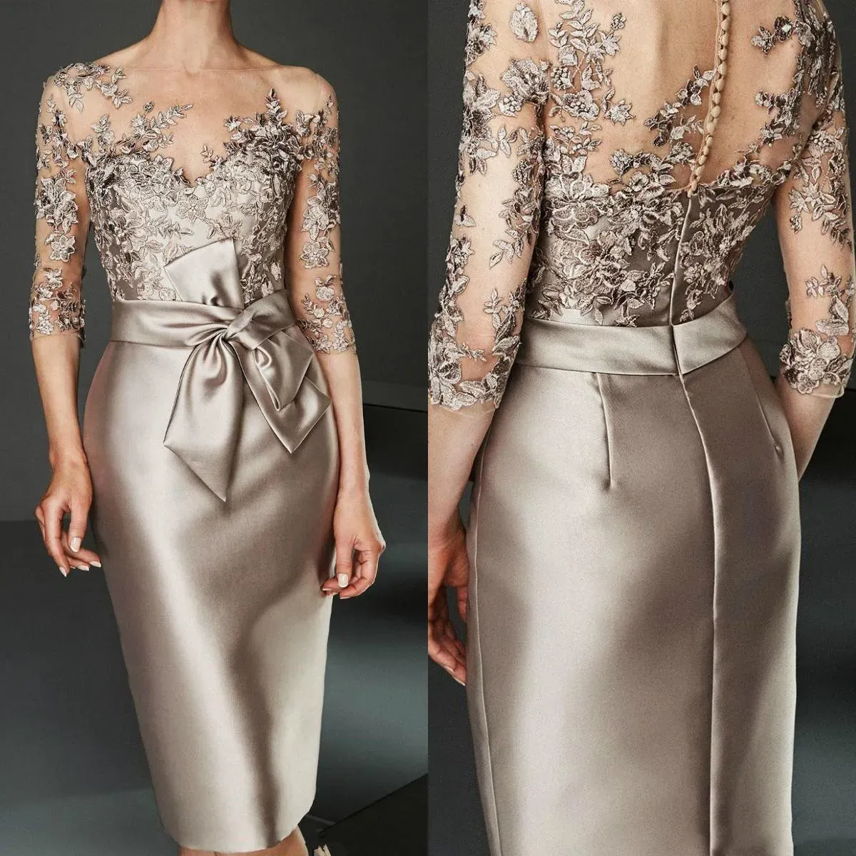 Champagner der Braut Kleider knielangen Satin Spitze appliziert Bräutigam Mutter für Hochzeit arabisches Abendkleid