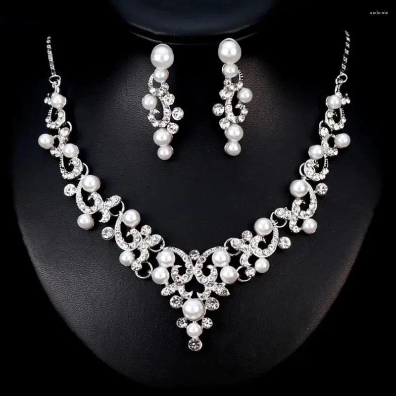 Necklace Earrings Set Fashion Alloy Rhinestone Faux Pearl Women Bride Jewelry