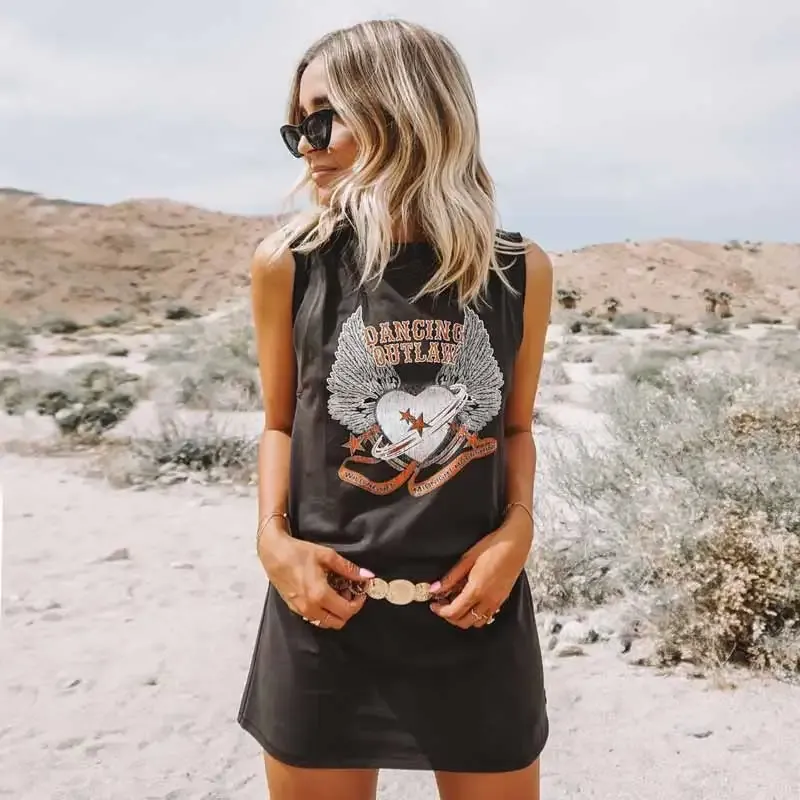 Dress Super Chic Rock'n'roll Vibes Boho DRESS Sleevless Casual Summer Dress Chic Charcoal T Shirt Dress Women 2020 Gypsy Vestido