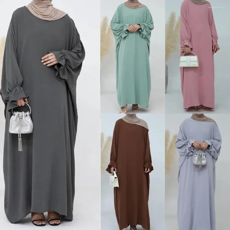 Ubranie etniczne Ramadan Abaya for Women Crepe Crepe Crinkle Batwing Rękaw zwykły islamski muzułmańską długą sukienkę Turkish skromny kaftan hidżab