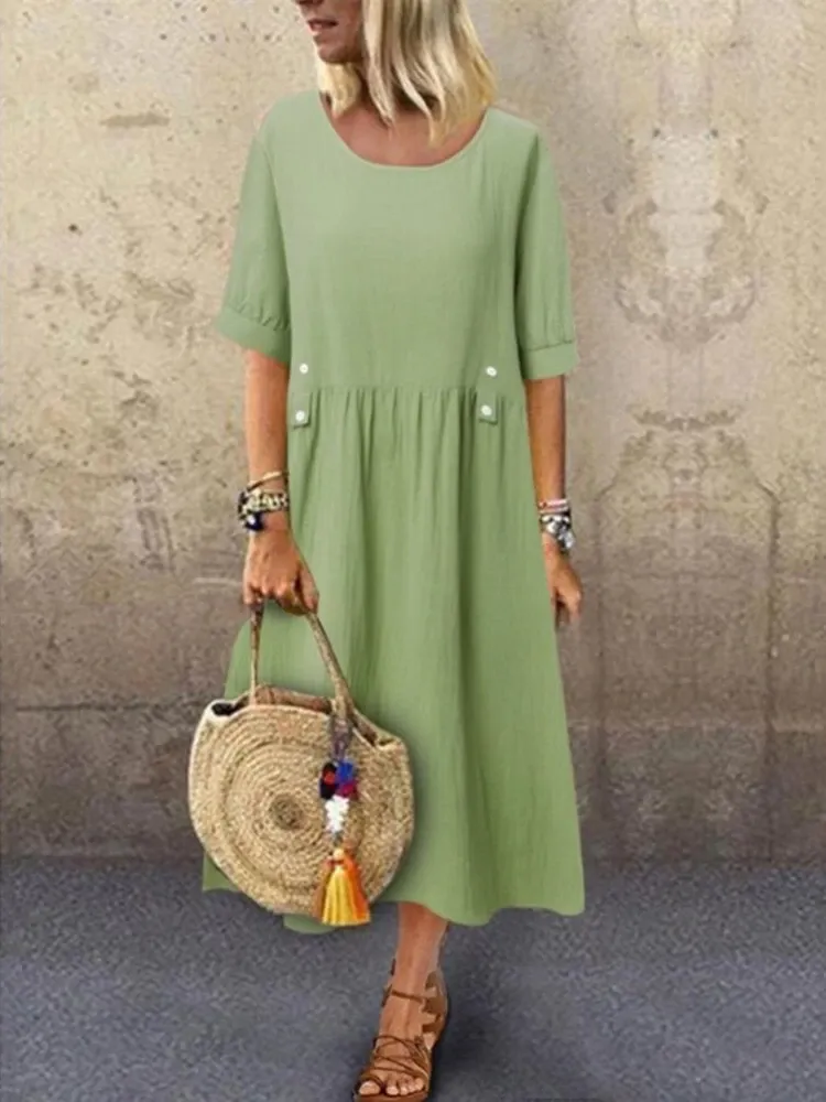 Dress Vintage Pocket Cotton Linen Dress Vintage Casual Loose Buttons Green Midcalf Dresses Beach Summer Chic Women Clothing Robe