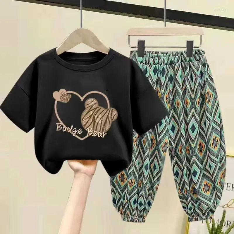 Conjuntos de roupas verão bebê menino meninas roupas criança algodão coração impressão t-shirts calças terno dos desenhos animados urso topo e botão conjunto crianças loungewear