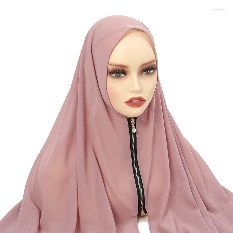 Abbigliamento etnico Cerniera Sciarpa Hijab in chiffon per le donne musulmane Turbante Hijab istantaneo regolabile Testa senza spillo Facile da indossare Copricapo Velo