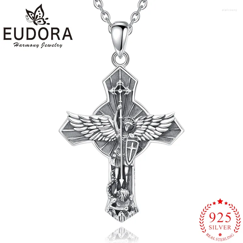 Pingentes eudora 925 prata esterlina st. michael arcanjo colar cruz vintage asa pingente jóias religiosas presente para homens mulheres