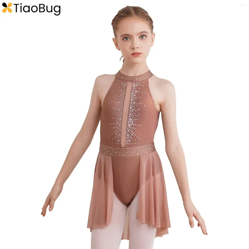 Palco desgaste crianças meninas figura patinação no gelo vestido sem mangas strass ballet dança ginástica tutu collant competição traje