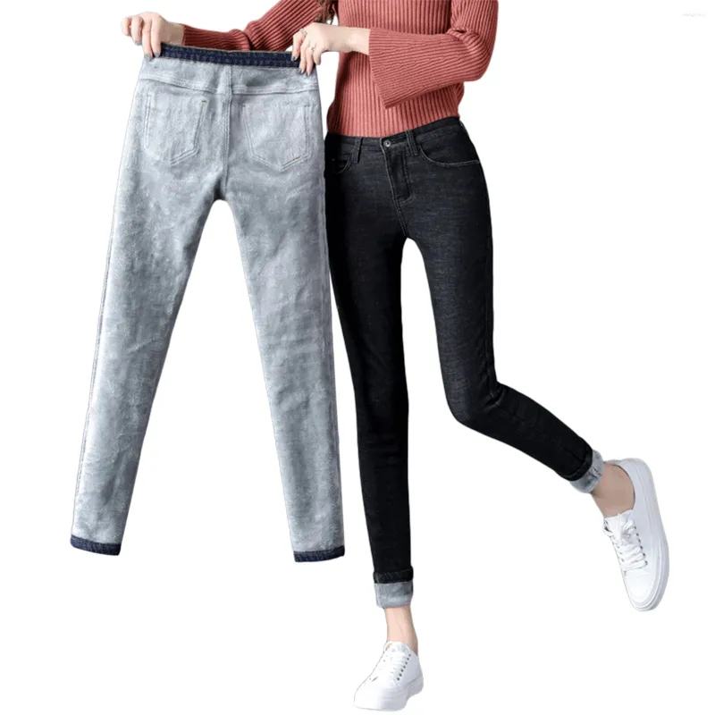 Kvinnors jeans solida färgfleece fodrad vinter vuxen högbälte fickficka leggings smala passform plus varma tjocka byxor streetwear