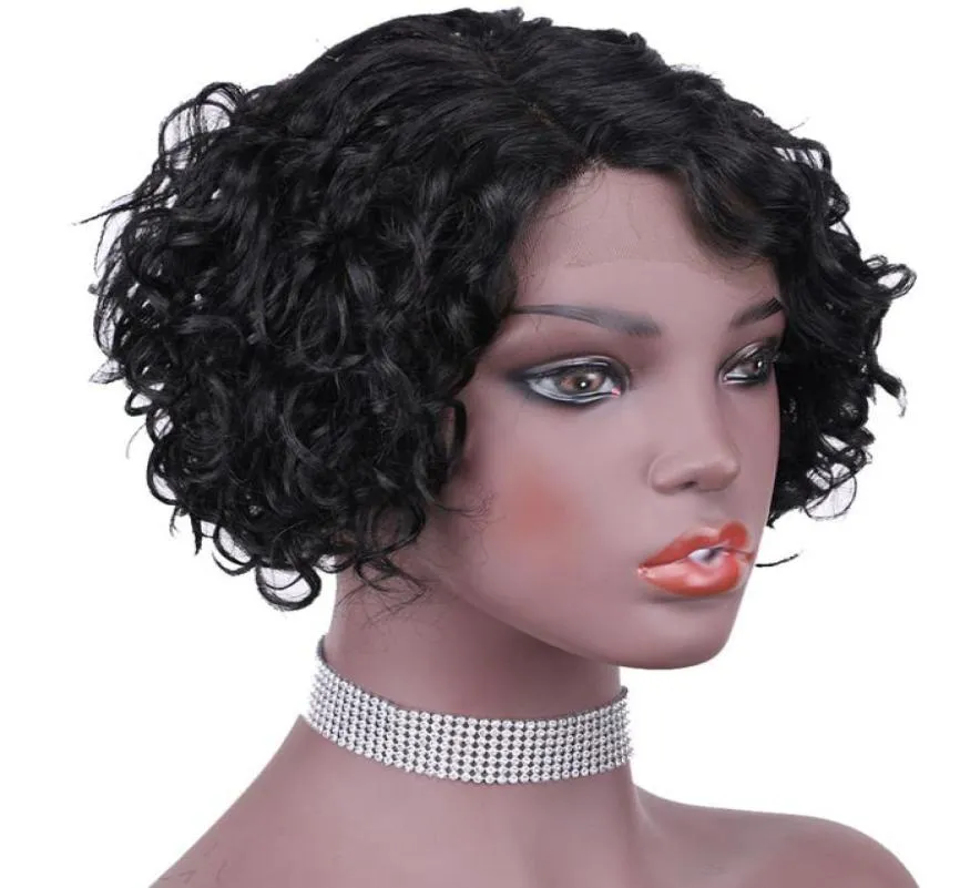 Perruque de cheveux humains avant de lacet pour femmes noires T partie coupe lutin courte bouclée péruvienne vierge sans colle fermeture frontale perruques pré-cueillies4660659