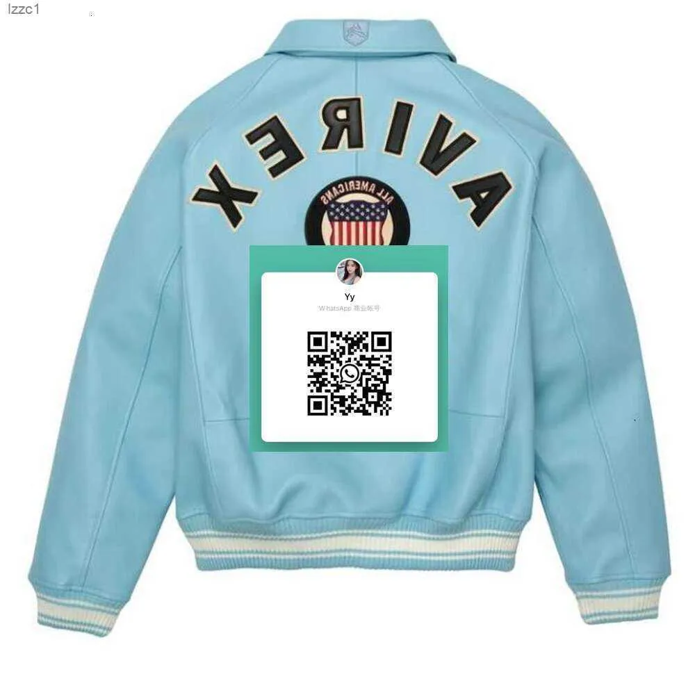 Ikonjacka Sky Blue USA Size Avirex Military Bomber Jacket Casual Athletic Flight Suit Lapel Sheep Leathers